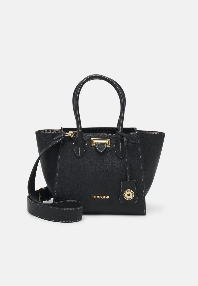 Black textured leather tote bag with double handles, detachable shoulder strap, gold hardware, and Love Moschino logo on front.