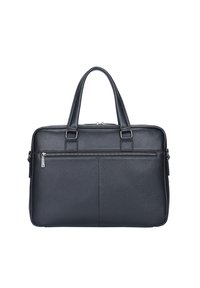 Malette en cuir noir avec surface texturée, deux poignées et poche zippée à l'avant. Elle dispose d'une fermeture zippée supérieure et d'une forme rectangulaire.