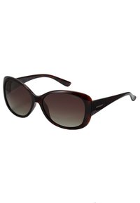 Brown tortoiseshell sunglasses with wide, rounded frames. Gradient dark brown lenses. Polaroid logo on arm. Smooth plastic material.