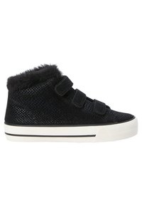 Black high-top sneakers with a textured, shiny surface, faux fur collar, and three Velcro straps. White rubber sole with black stripe.