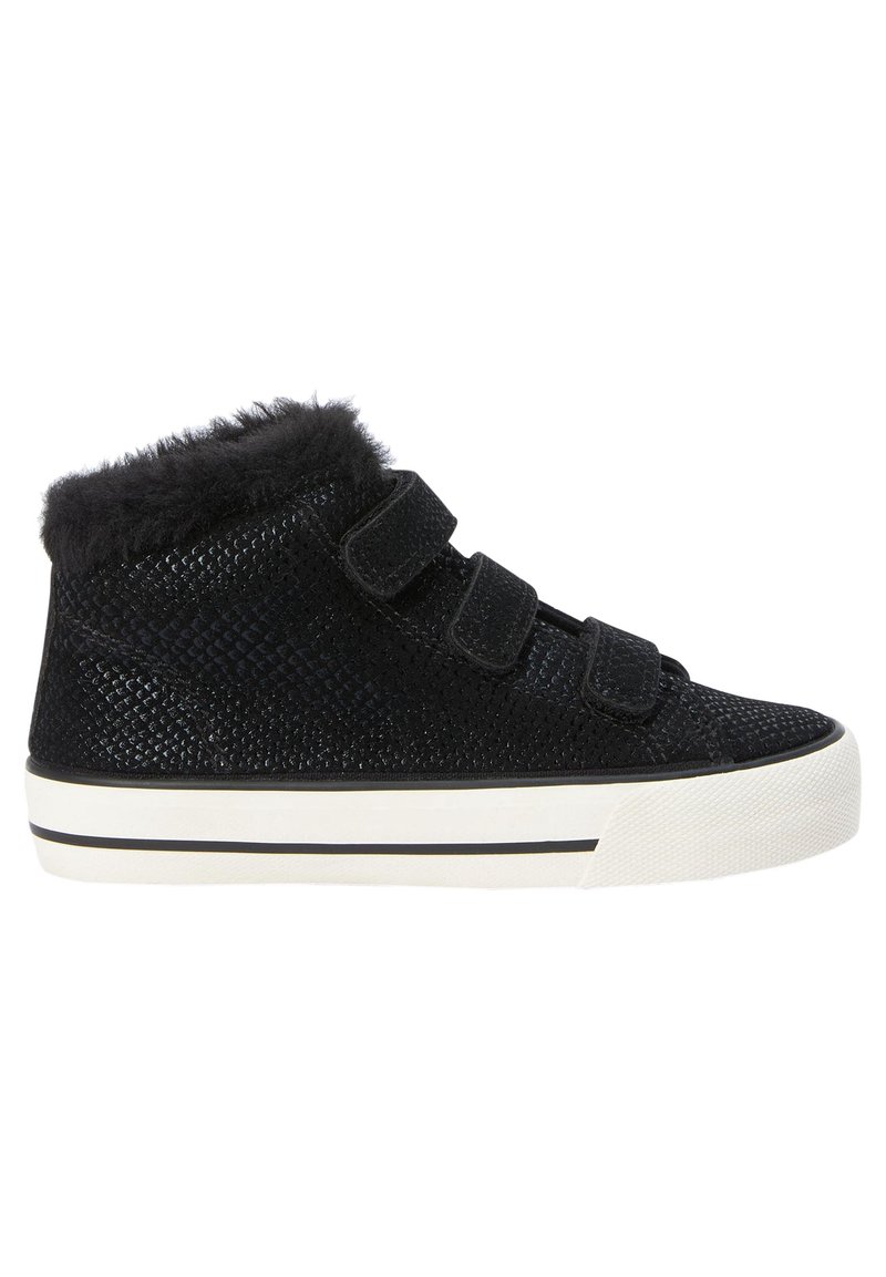 Black high-top sneakers with a textured, shiny surface, faux fur collar, and three Velcro straps. White rubber sole with black stripe.