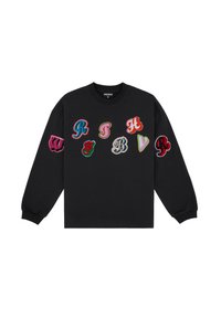 Felpa nera a maniche lunghe con lettere ricamate multicolori in diversi caratteri su petto e maniche. Collo tondo.