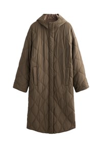 Gequilted bruin lange jas met een capuchon, met gebogen stikpatronen en zijzakken. Gemaakt van zacht, lichtgewicht materiaal.