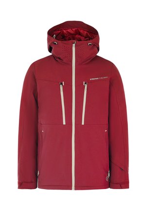 Veste imperméable rouge avec une capuche, dotée de deux poches zippées à l'avant, de accents de zips blancs et de ventilation perforée sur la capuche.