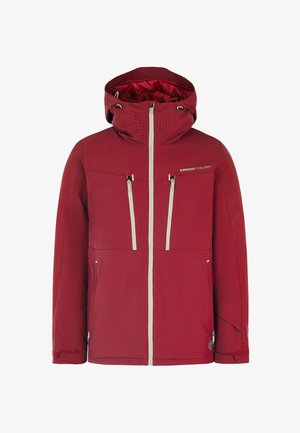 Rode waterdichte jas met een capuchon, voorzien van twee voorkanten met ritszakken, witte ritsaccenten en geperforeerde ventilatie op de capuchon.