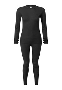 Black ribbed long-sleeve thermal top and full-length leggings set designed for cold weather layering.