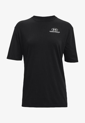Black short-sleeve Under Armour t-shirt with logo and "UNDER ARMOUR" text in white on the upper left chest.