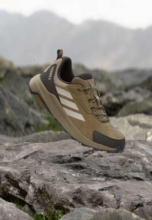 Chaussure de trail marron et noire avec des rayures blanches, en l'air au-dessus d'un terrain rocheux, sur un fond de montagne flou.