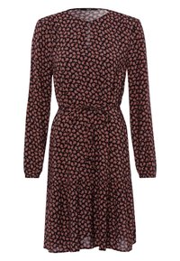 Schwarzes Kleid mit langenÄrmeln, rundem Halsausschnitt und gebundenem Taillengürtel. Der Stoff zeigt ein kleines Blumenmuster in Rot und Beige.