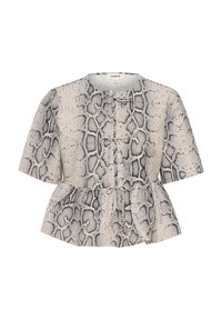 Top péplum à motif serpent, avec des manches courtes, un col rond et une fermeture avant nouée. Couleur : noir et crème.