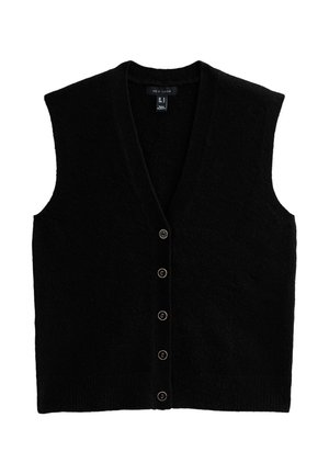 Zwarte mouwloze vest met een diepe V-hals, vijf knopen aan de voorkant en een zachte, gestructureerde stof. Schoon, eenvoudig ontwerp met een ribgebreide zoom.