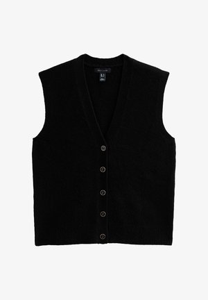 Gilet nero senza maniche con scollo a V profondo, cinque bottoni frontali e un tessuto morbido e strutturato. Design pulito e semplice con orlo a coste.