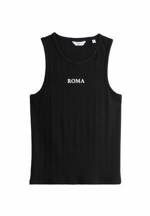 Canottiera nera a costine con scollatura rotonda e la scritta "ROMA" stampata in bianco sul petto. Presenta un design senza maniche.
