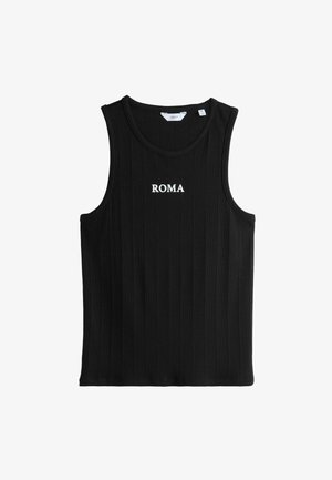 Must mustriba tank top ümmarguse kaelusega, millel on rinnal valget värvi sõna "ROMA". Omab ilma varrukateta disaini.