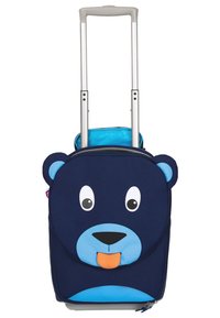Dunkelblauer Rollkoffer mit Bärenkopf-Design; verfügt über blaue Akzente, Reißverschlüsse und einen ausziehbaren Griff.