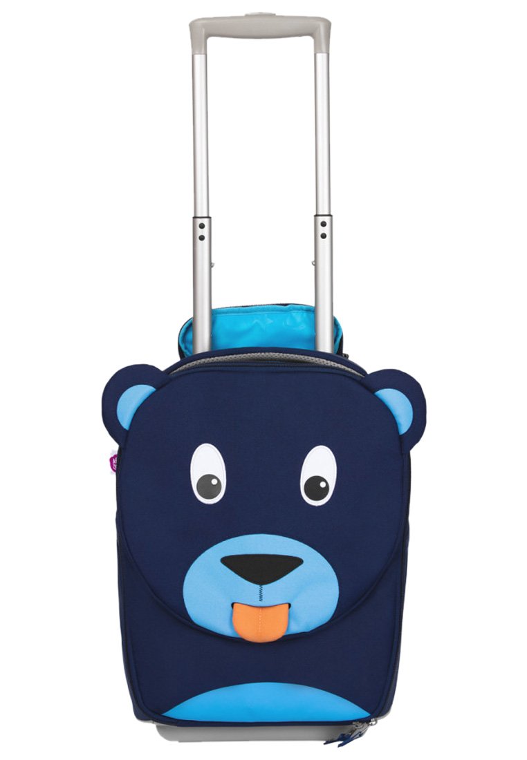 Dunkelblauer Rollkoffer mit Bärenkopf-Design; verfügt über blaue Akzente, Reißverschlüsse und einen ausziehbaren Griff.