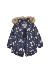 Giacca puffy blu navy con motivo floreale, cappuccio foderato in pelliccia, polsini elasticizzati e zip frontale. Contiene un rivestimento trapuntato per il calore.