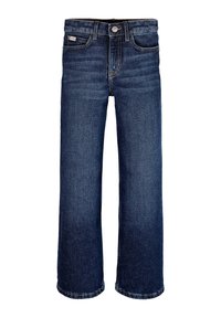 Denim trousers in dark blue wash, wide-leg cut, five-pocket design, with a front button closure and light stitching details.