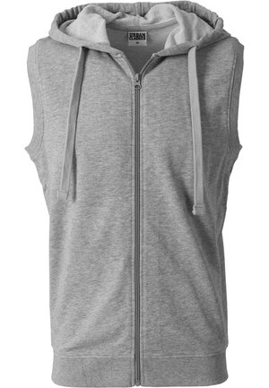 Ärmelloser grauer Kapuzenpullover mit Reißverschluss, Kordeln und geripptem Saum, Marke Urban Classics, Größe M.
