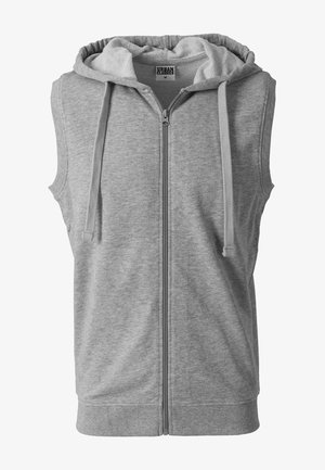 Mouwloze grijze zip-up hoodie met trekkoorden en geribde zoom, Urban Classics maat medium.