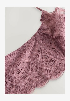 Pitsimä lace-pehmeä mauve-väri, jossa on monimutkaiset kukkakuviot, aaltoilevat reunat ja ohut säädettävä olkaimet, valmistettu herkistä kankaista.