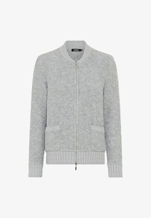 Grau strukturierte Bomberjacke mit einem Frontreißverschluss, geripptem Kragen und Bündchen sowie zwei seitlichen Taschen, hergestellt aus einem weichen, flauschigen Material.