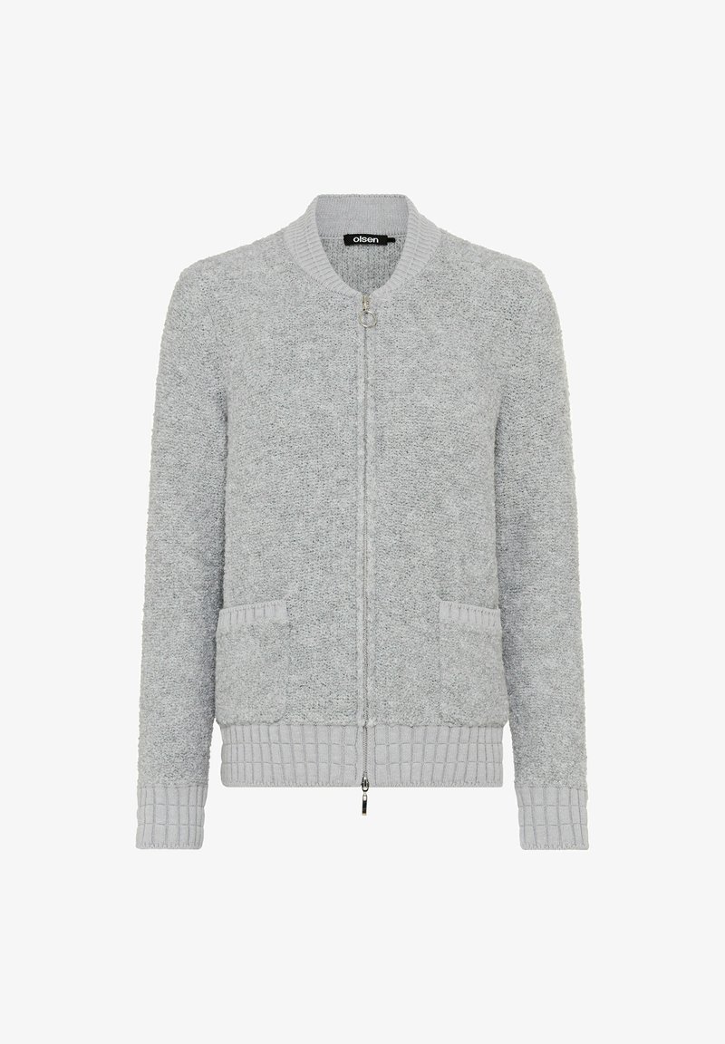 Grau strukturierte Bomberjacke mit einem Frontreißverschluss, geripptem Kragen und Bündchen sowie zwei seitlichen Taschen, hergestellt aus einem weichen, flauschigen Material.