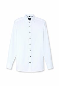 Witte langwerpige blouse van soepel materiaal met een button-down kraag en zwarte knopen aan de voorkant. Platte manchetten en een getailleerde pasvorm.