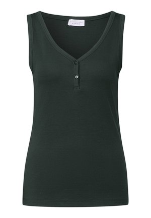 Dunkelgrünes ärmelloses Tanktop aus geripptem Material, mit V-Ausschnitt und einer dreiknöpfigen Knopfleiste vorne.