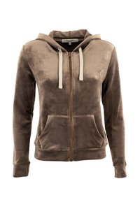 Felpa con zip in velluto marrone, con cordini bianchi, tasche frontali e maniche lunghe, taglia XS, stile unisex.