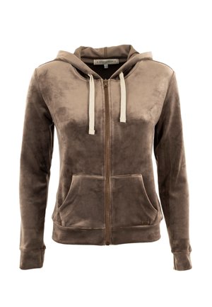 Hoodie en velours brun à zip avec cordons blancs, poches avant et manches longues, taille XS, style unisexe.