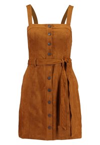 Braunes Wildlederkleid mit einem taillierten Oberteil, Knopfleiste und einem Gürtel in der Taille. Mit breiten Schulterträgern und einem knielangen Schnitt.