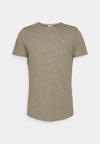 Olivově zelené tričko s krátkým rukávem z měkké látky, s kulatým výstřihem a malým logem na levé straně hrudi. Hladká textura.