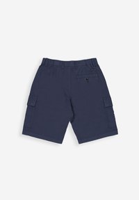 Navyblauwe cargoshorts met een elastische tailleband, zij- en achterzakken, en een eenvoudige, gladde textuur. Voorzien van een knoopsluiting op de achterzak.