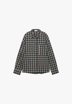 Langærmet ternet skjorte i mørkeblå og creme, med knapfront, krave og en brystlomme. Fremstillet af blødt, tekstureret stof.