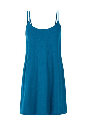 Ein ärmelloses, türkisfarbenes Kleid aus weichem Stoff. Es hat dünne, verstellbare Träger und eine lockere Passform mit einem abgerundeten Ausschnitt.