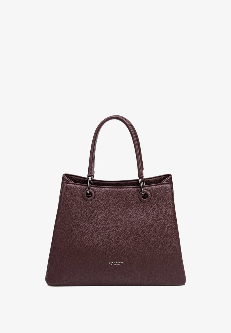 Sac à main en cuir brun foncé texturé avec deux poignées et ferrures argentées, portant le logo "Diana&Co Firenze" au centre avant.