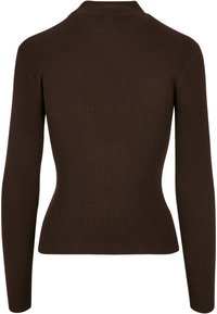 Brun ribbet langermet topp med høy krage, tettsittende fasong og teksturert stoff. Designet har en sømløs bakside uten synlige lukninger.