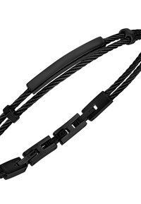 Black bracelet made of braided wire with a smooth, narrow bar and adjustable links. Features a minimalistic design and sleek finish.