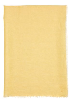 Jasnożółta prostokątna tkanina o delikatnej, tkanej strukturze i małych frędzlach wzdłuż krawędzi.