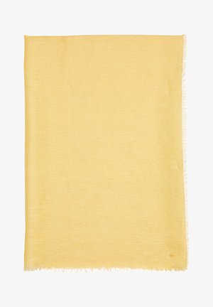 Tissu rectangulaire jaune clair avec une texture tissée subtile et de petites franges le long des bords.