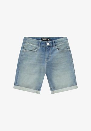 Lichtblauwe denim shorts met een klassiek ontwerp van vijf zakken, omgeslagen zomen, een knoopsluiting aan de voorkant en een merklabel op de tailleband.