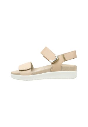 Sandale beige à bout ouvert avec deux brides réglables et une semelle blanche rembourrée.