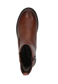 Bottine en cuir marron avec une finition lisse, fermeture éclair sur le côté, panneaux élastiques, bout rond et semelle en caoutchouc noir.