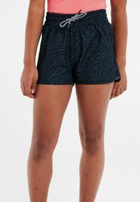 Zwarte en marineblauwe shorts met een zebra stripe patroon, elastische tailleband en verstelbaar trekkoord. De stof lijkt lichtgewicht en glad.