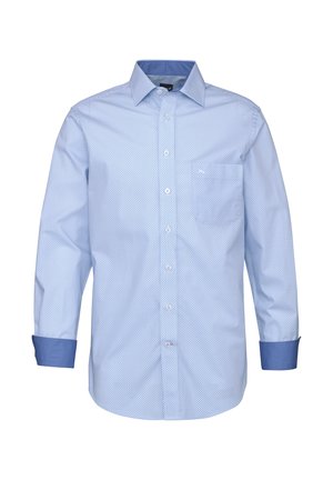 Hellblaues langärmeliges Hemd mit Knopfleiste, kleinem Rautenmuster, Brusttasche sowie dunklerem blauem Kragen und Manschetten als Kontrast.