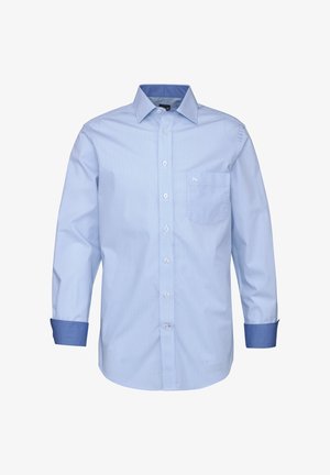 Hellblaues langärmeliges Hemd mit Knopfleiste, kleinem Rautenmuster, Brusttasche sowie dunklerem blauem Kragen und Manschetten als Kontrast.