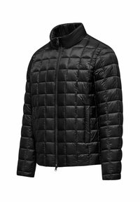 Giacca nera trapuntata con colletto alto, zip frontale e tasche laterali. Realizzata in materiale liscio e leggero con un motivo testurizzato.