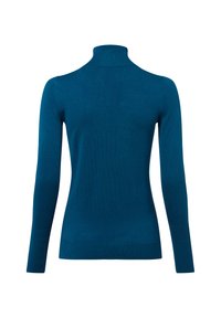 Turkusowy sweter z golfem, wykonany z gładkiego, elastycznego dzianiny. Dopasowane długie rękawy oraz prążkowane akcenty przy kołnierzu i dolnej krawędzi.