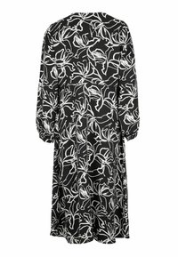 Schwarzes Kleid mit einem weißen Blumenmuster, langen Puffärmeln und einem lockeren Schnitt. Hergestellt aus leichtem Stoff, mit Rundhalsausschnitt und Nahtdetails.